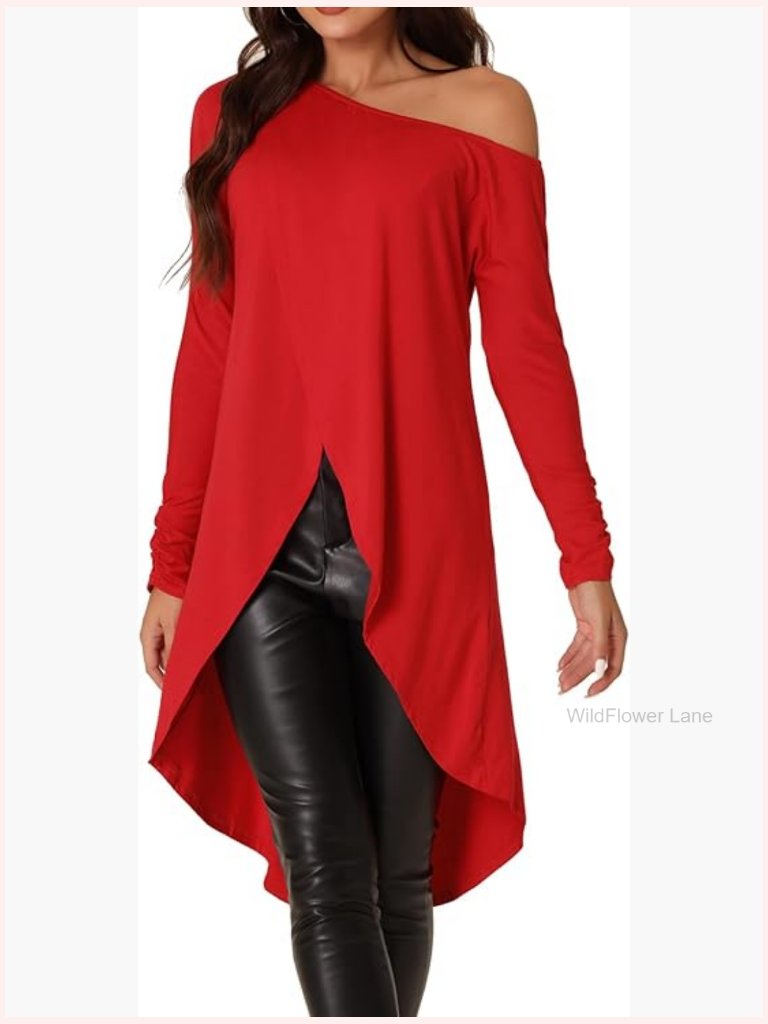 One Shoulder Long Sleeve High Low Hem Tunic Blouse